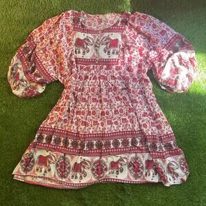 Boho Hippie Red & White Elephant Print Dress Tunic with Balloon Puff Sleeves 3XL